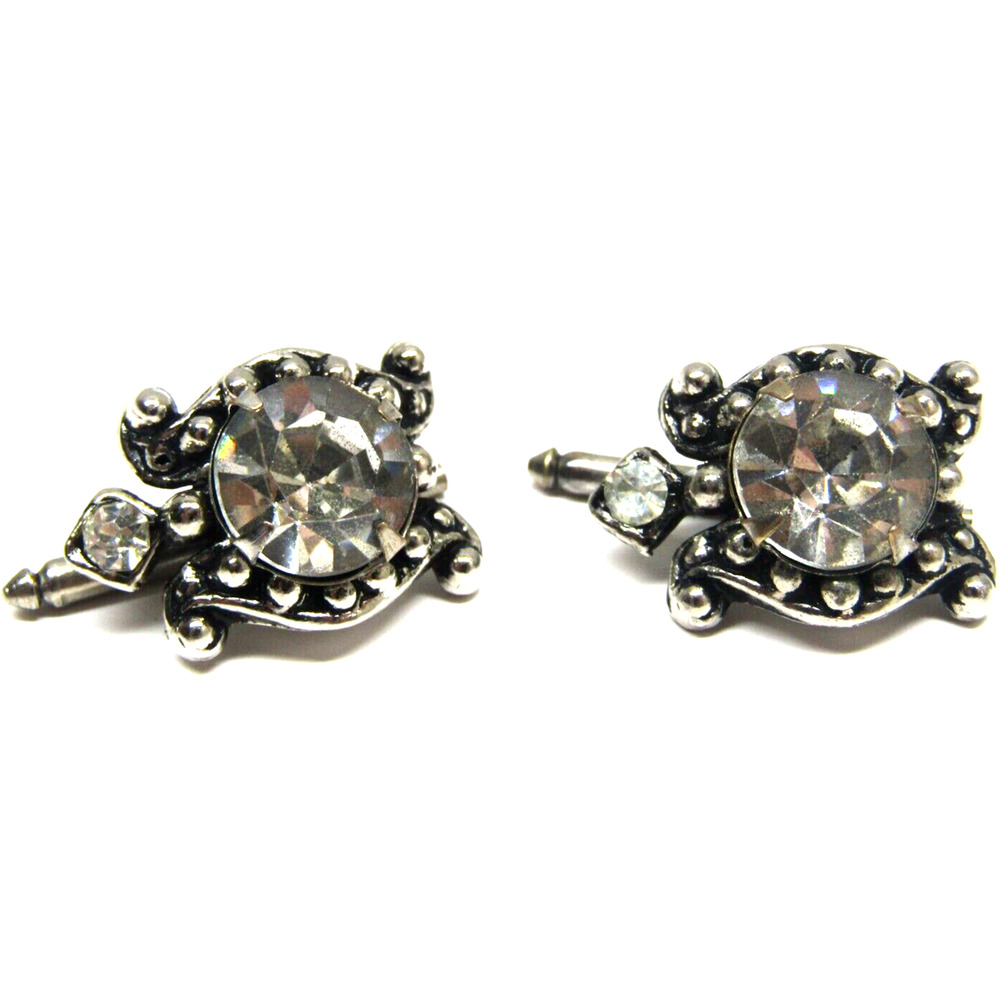 Vintage Silver Turtle Cufflinks Button Studs Crys… - image 1